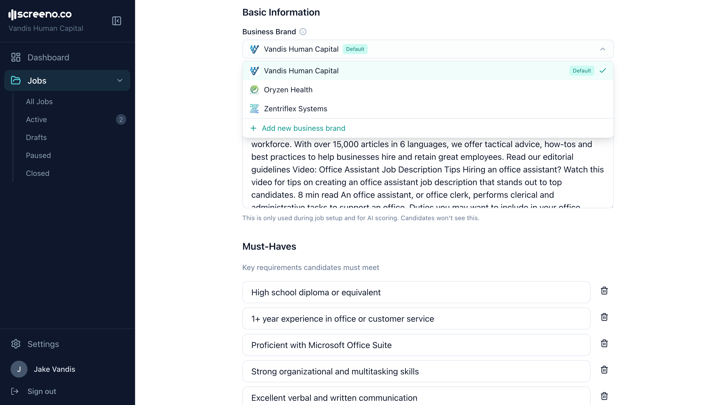 Pre-filled Job details and settings