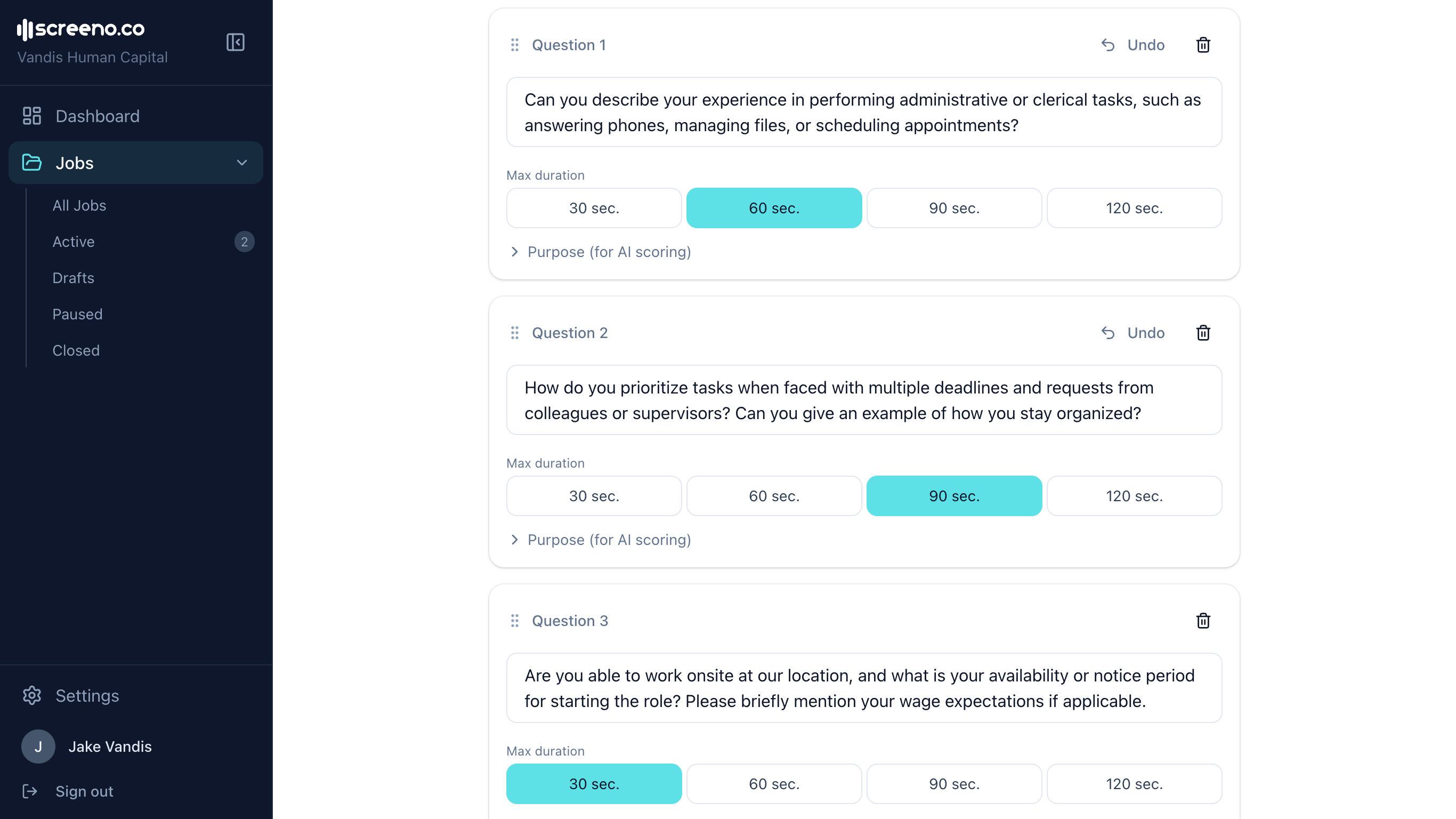 Adjust pre-defined screening questions for Candidates
